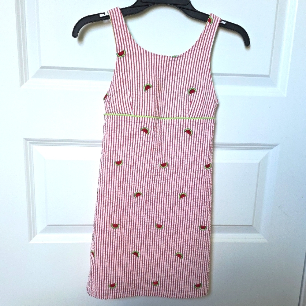 Hartstrings Pink Seersucker Dress with Watermelon Embroidery Kids Size 7 EUC